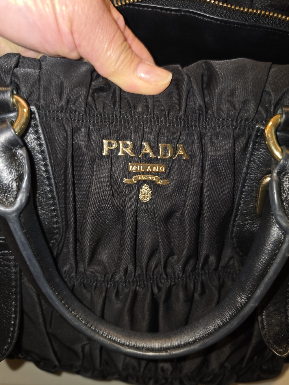 Prada Black Dessuto Nylon Drawstring Tote with Gold Logo